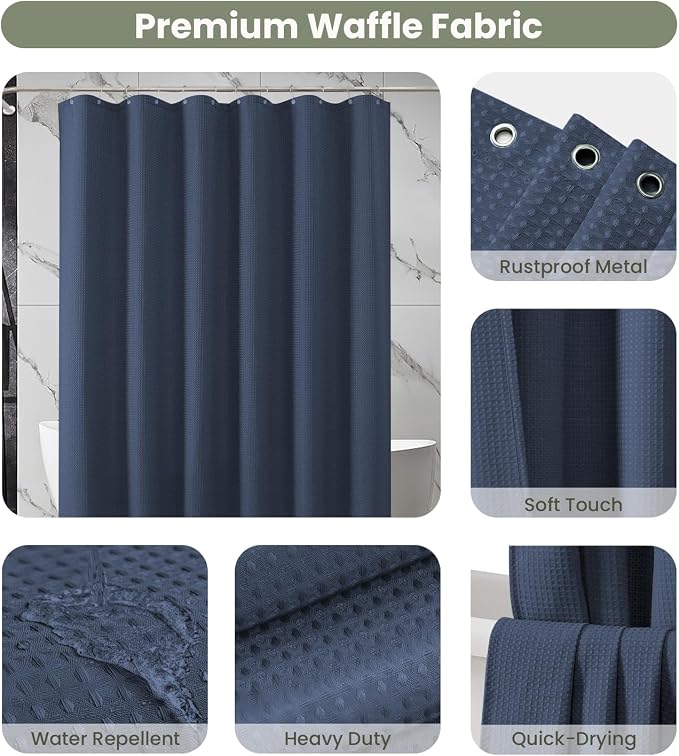 Inhousolu Fabric Shower Curtain Waffle Weave, Weighted Hem, 8 Metal Hooks - Image 3