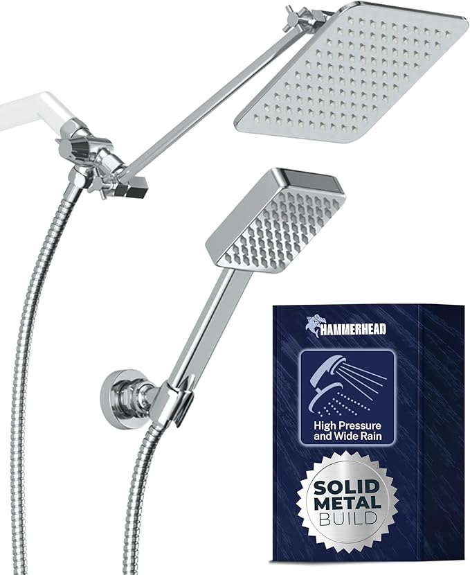 HammerHead® Solid Metal Dual Shower Head Combo — 8" Square Rain Shower Head by HammerHeadShowers