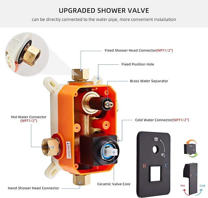 Shower Faucet Set, Matte Black Rainfall Shower System Complete Wall Mounted - Image 2