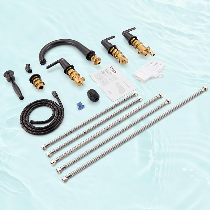 Roman Bath Tub Faucet Set with Sprayer, 5 Hole Widespread Deck Mount Bathtub - Image 7