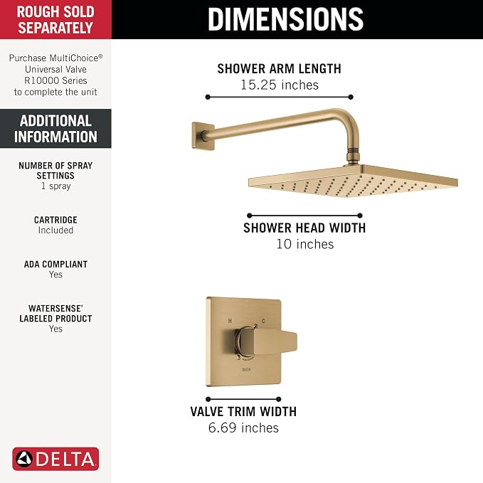 Delta Modern 14 Series Square Rain Shower Faucet Set, Brushed Gold Shower Head - Image 3