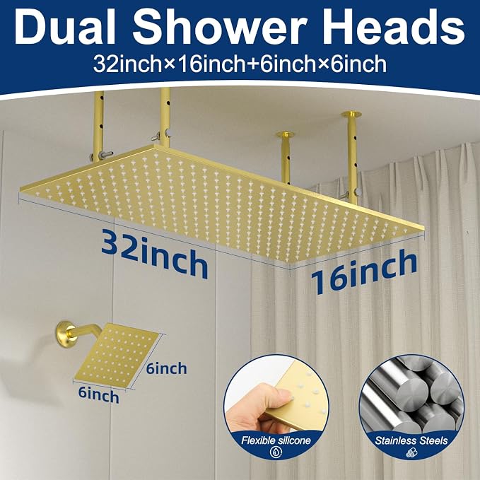 Dual Shower Heads System 16"x32" Ceiling Mount Rainfall and 6" Wall Mounted - Image 2