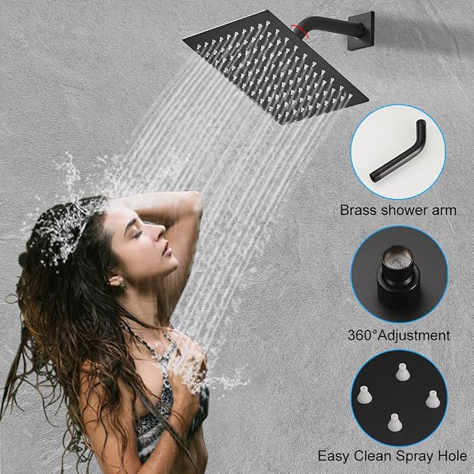 Matte Black Shower System, 8 Inch High Pressure Rain Shower - Image 3