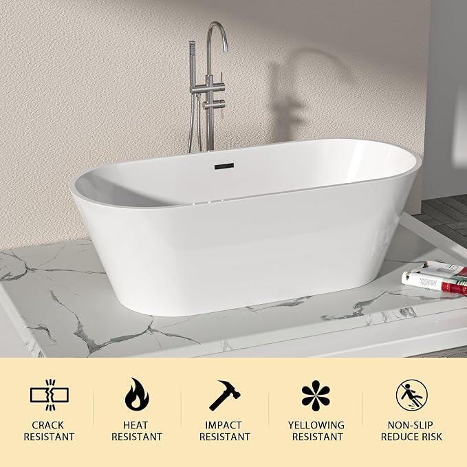 Logmey 67 Inch White Acrylic Freestanding Bathtub Oval Shape Soaking Tub - Image 8