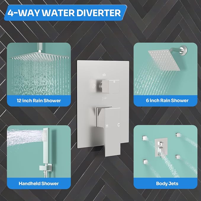 Enga Shower Systems with 4 Body Spray Jets, 4 Way 12+6" Rainfall Shower Head - Image 4