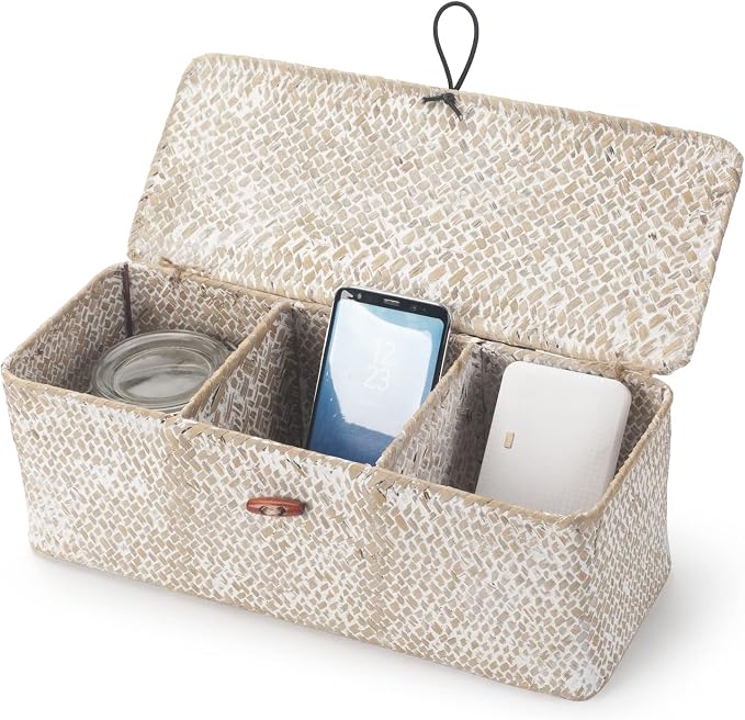 3 Section Seagrass Storage Basket, Handmade Shelf Baskets - Image 4
