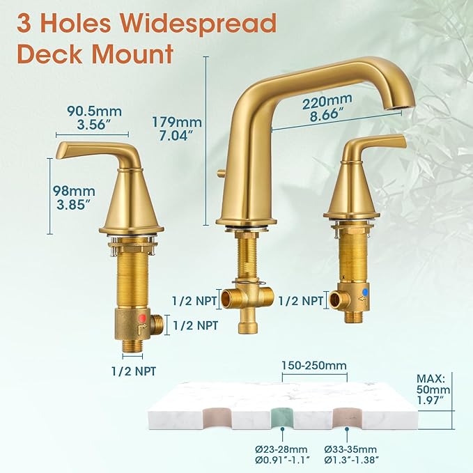 Bathtub Faucet Set 3 Hole, Brushed Gold Roman Bathtub Faucet, High Flow Deck - Image 7