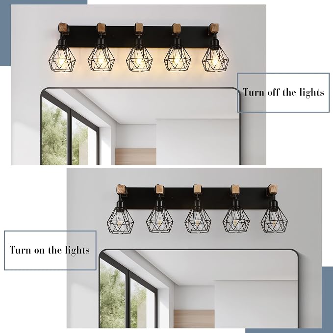 Farmhouse Vanity Light for Bathroom, 5-Light Wood Bathroom Vanity Light - Image 5