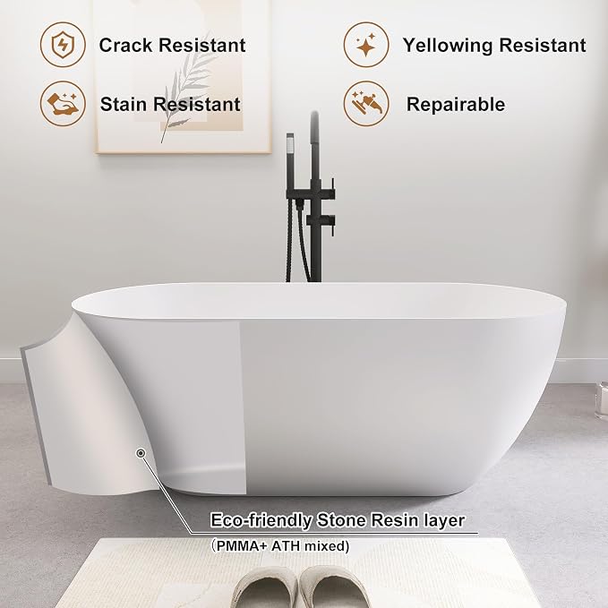 SJ STAR&JANE 51" Solid Surface Freestanding Bathtub, Matte White Oval Soaking - Image 3