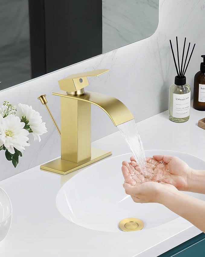 Bathroom Faucets with Lift Rod Drain Brushed Gold Waterfall Bathroom Sink - Image 6
