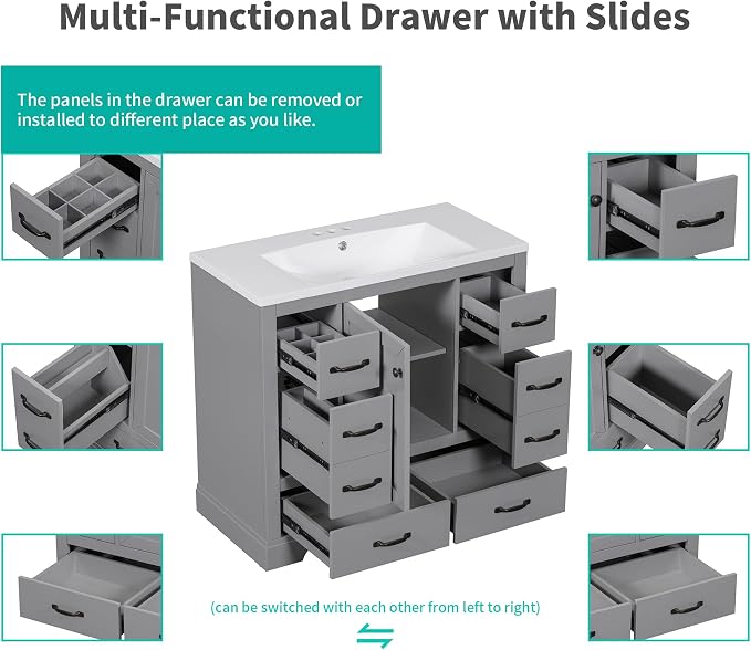 Favfurish 36" Bathroom Vanity Without Top Sink, 6-Drawer Freestanding Cabinet - Image 8