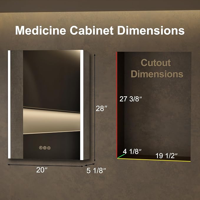 Medicine Cabinet with LED Lights and Mirror, 20 x 28 Inch Surface or Recessed - Image 2
