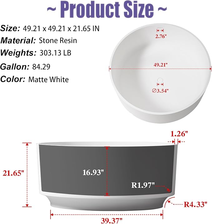 49" Freestanding Bathtub, Modern Soaking Stand Alone Tub Solid Surface Resin - Image 3