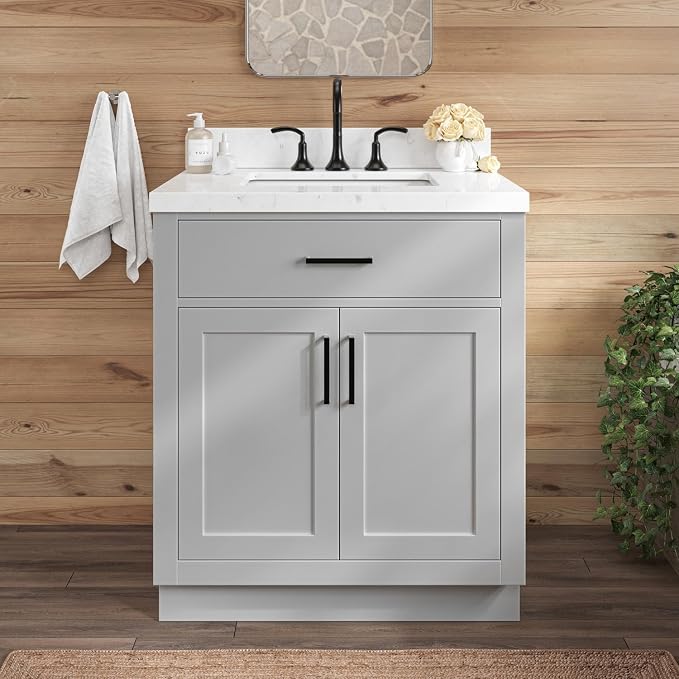 ARIEL 30" Bathroom Vanity with Sink, Carrara White Quartz Top 1.5" Edge by Ariel