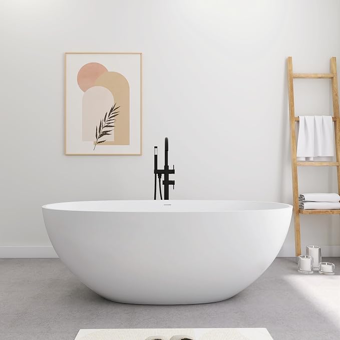SJ STAR&JANE 61" Solid Surface Freestanding Bathtub, Oval Soaking Tub by SJSTARJANE