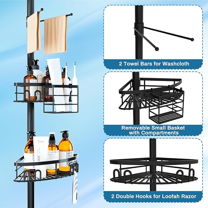 Rustproof Corner Shower Caddy Freestanding Tension Pole, 4 Large Baskets - Image 3