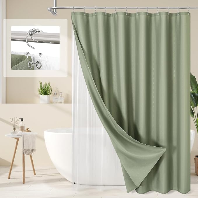 MitoVilla 3 in 1 Shower Curtain Set, Sage Green Boho Farmhouse Linen Textured by MitoVilla