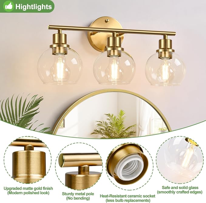 3-Light Bathroom Light Fixtures, Brushed Gold Modern Vanity Lights Over Mirror - Image 3