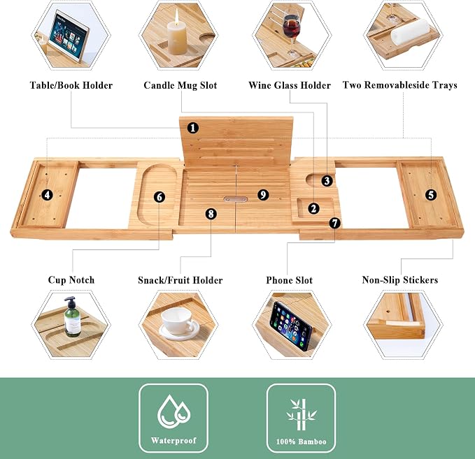 AUTODECO Bathtub Tray, Bamboo Bath Tray - Image 6
