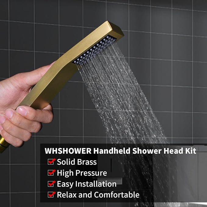 Hand Held Shower Head Combo Set Square Shower Wand Brushed Gold Solid Brass - Image 2