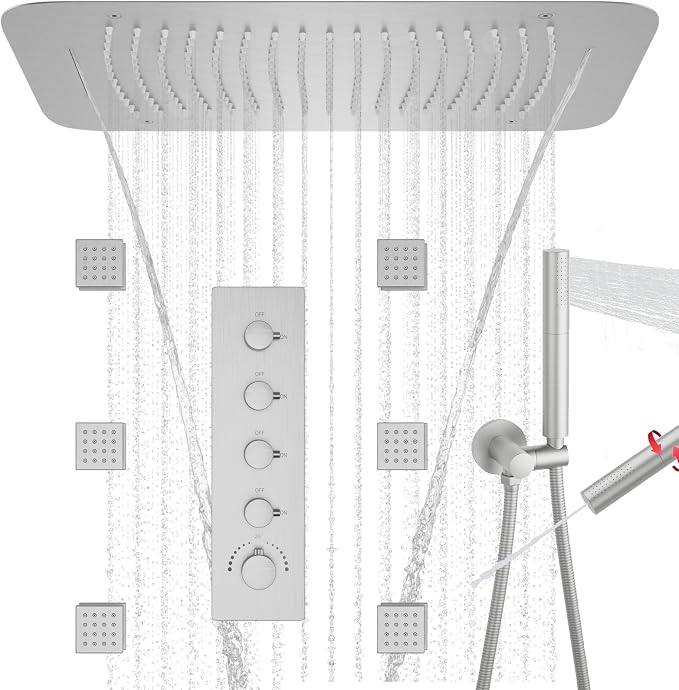 Thermostatic Rainfall Full Body Shower System Brushed Nickel Shower Fixtures 16 by KATAIS