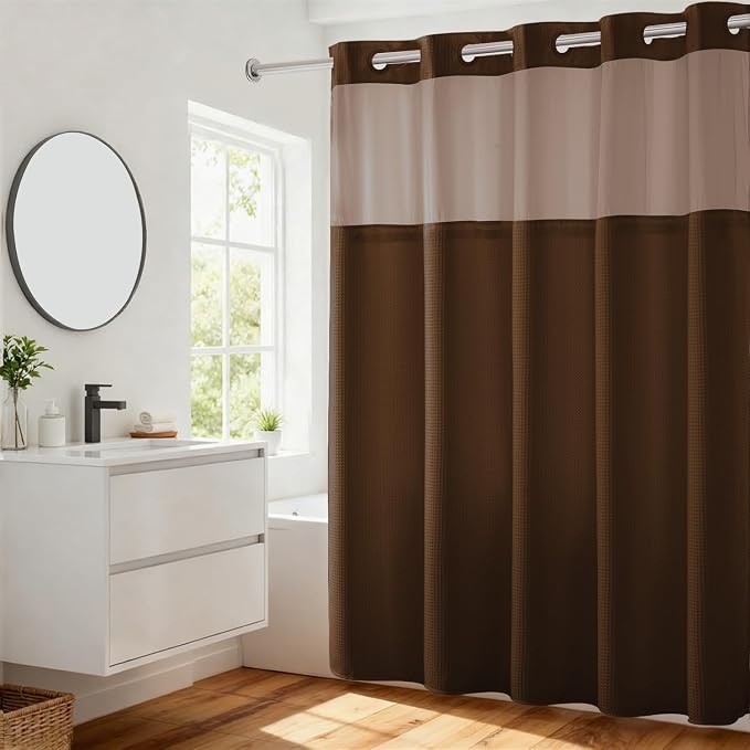 River Dream No Hooks Required Dotted Brown Shower Curtain by RiverDream