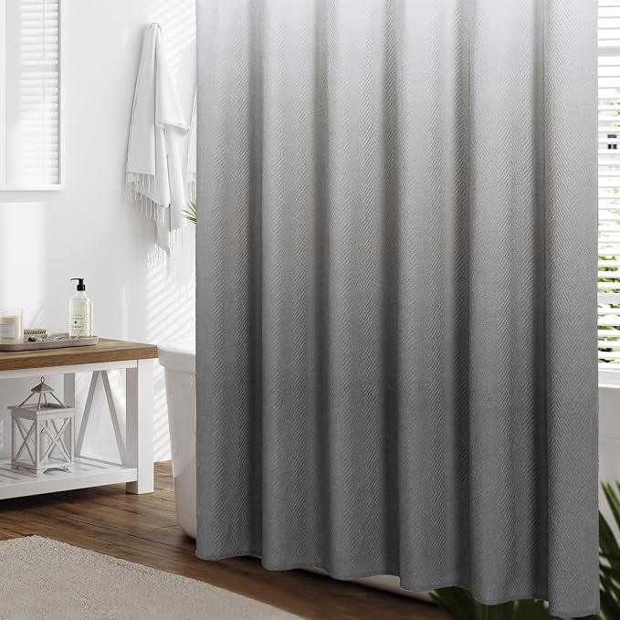 Gibelle Ombre Grey Shower Curtain, 3D Embossed Textured Herringbone Fabric - Image 2