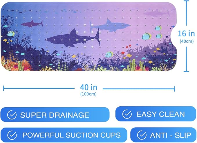 Blue Sea Bathtub Mat Non Slip for Kids 40x16in Extra Long Shark Ocean Whale - Image 7
