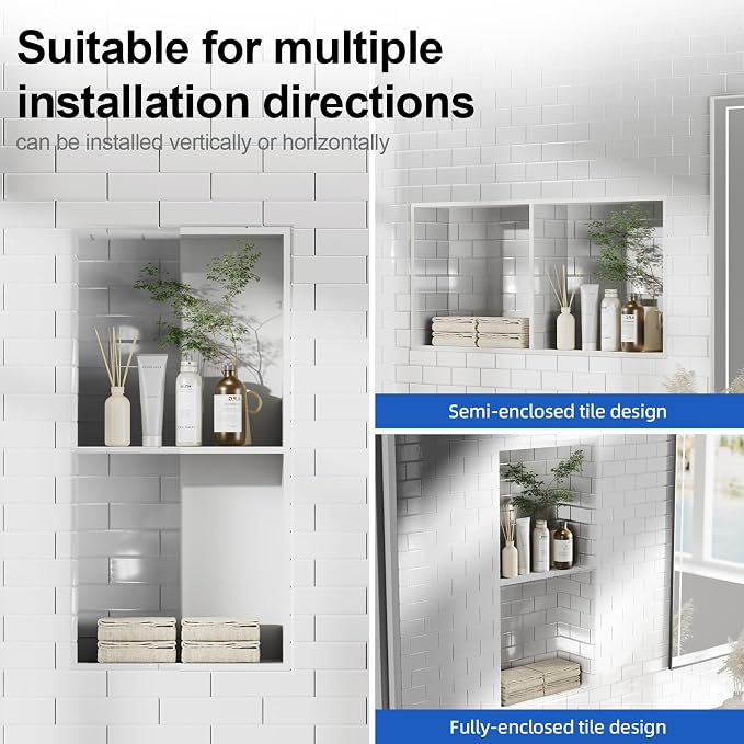 Bathbliss Shower Niche, No‑Tile Recessed Wall Niche, 11.18"x22.3" SUS304 - Image 3
