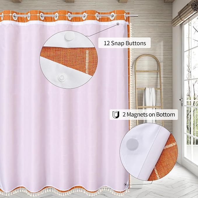 MitoVilla No Hooks Needed Orange Boho Shower Curtain - Image 2