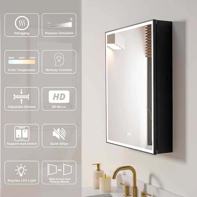 WELLFOR 24" X 30" LED Mirrored Medicine Cabinet, Medicine Cabinets - Image 5