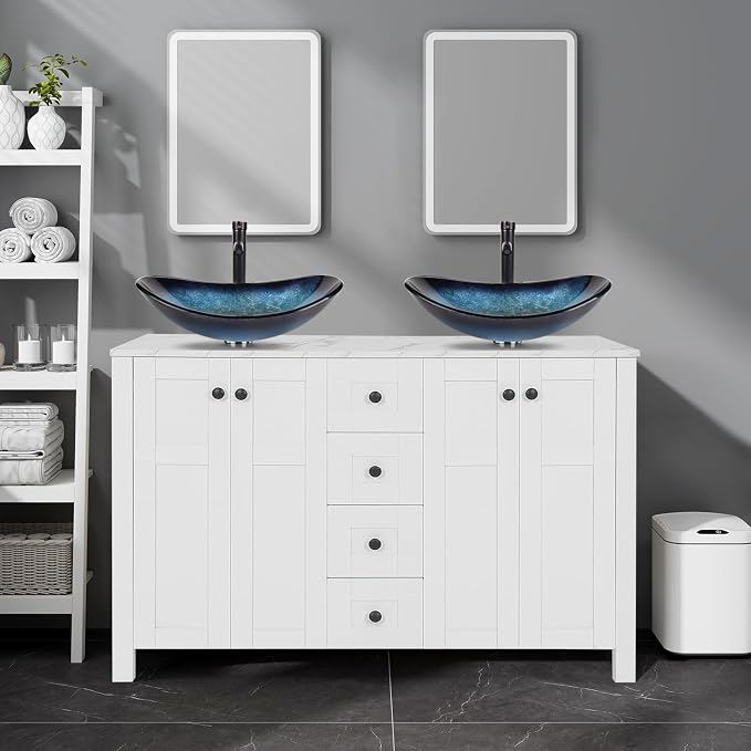 48" White Bathroom Vanity with Marble Texture Top and 4 Drawers, Modern by Solidee
