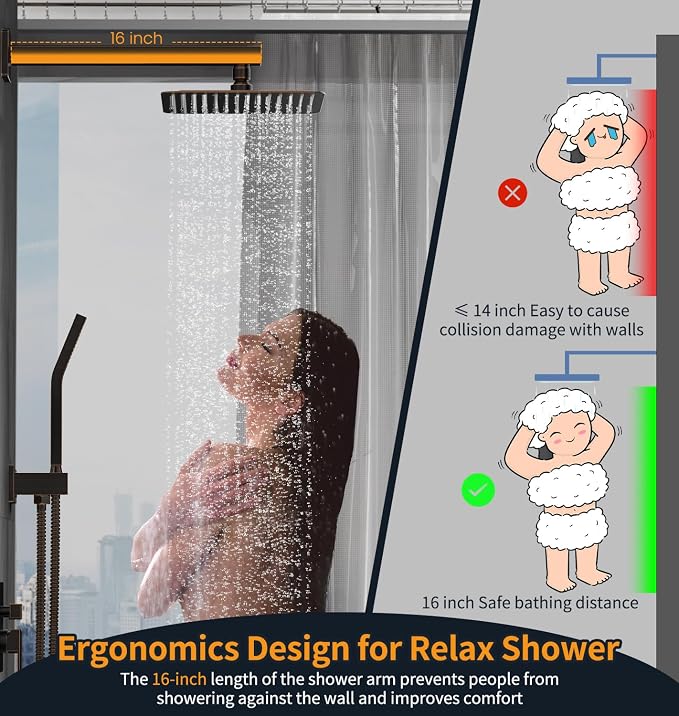 SR SUN RISE ORB Square Rainfall Shower Head and Handle Set, Wall Mounted Shower - Image 6