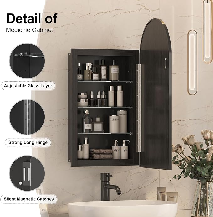 Recessed Medicine Cabinet for Bathroom, Arch Mirrored Medicine Cabinets Recessed - Image 4