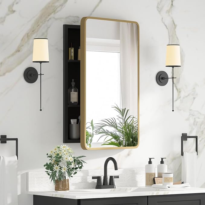 Bathroom Medicine Cabinet with Mirror 16 x 24 Inch, Brush Gold Medicine Cabinet by Unknown