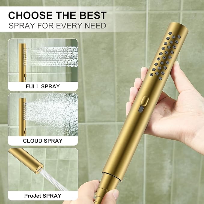 KENES Brushed Gold Rainfall Bathroom Shower System Rain Shower Head and Handle - Image 4