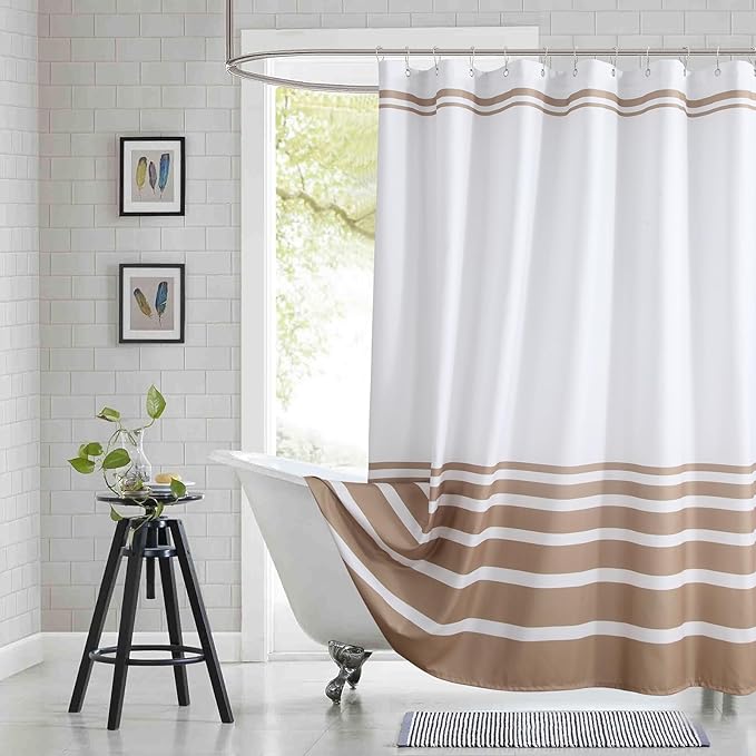 Beige and White Striped Shower Curtain 72x78 Inches, Waterproof Fabric by BESTRIPES