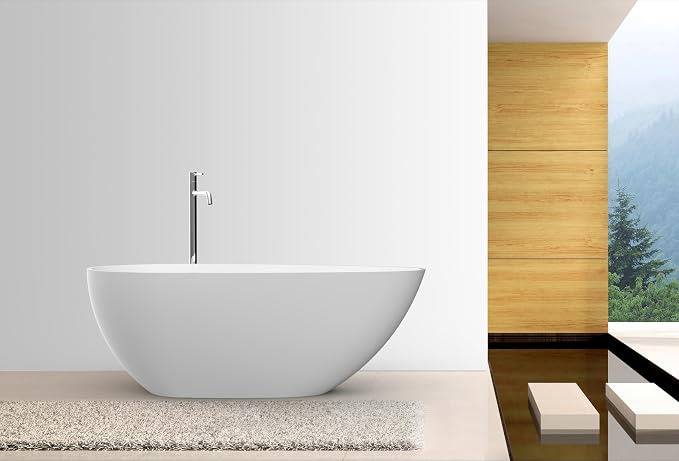 67 in Solid Surface Freestanding Bathtub, Contemporary Oval Shape Soaking Tub - Image 7