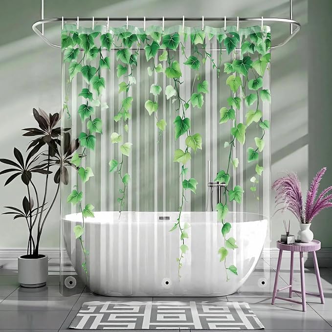 Clear Green Ivy Leaves Shower Curtain Liner, Transparent Plastic Nature Green - Image 8