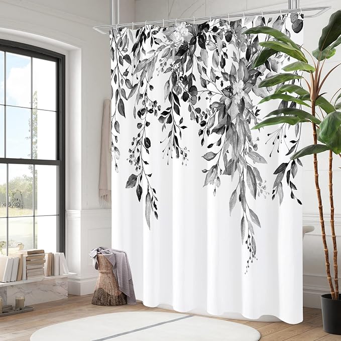 Gibelle Long Shower Curtain 72 x 78, Watercolor Plant Eucalyptus Leaves Fabric - Image 2