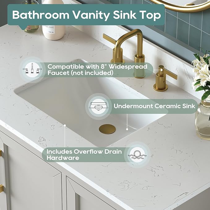 42 Inch Bathroom Vanity with Sink Combo, Solid Wood Frame with Marble Top - Image 5