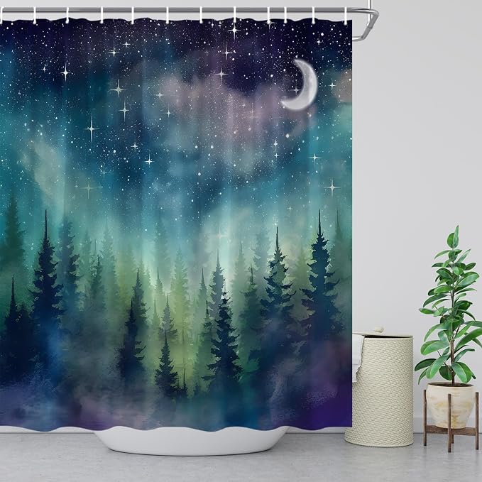 Forest Moon Shower Curtain Watercolor Misty Forest Fantasy Starry Sky Galaxy - Image 3