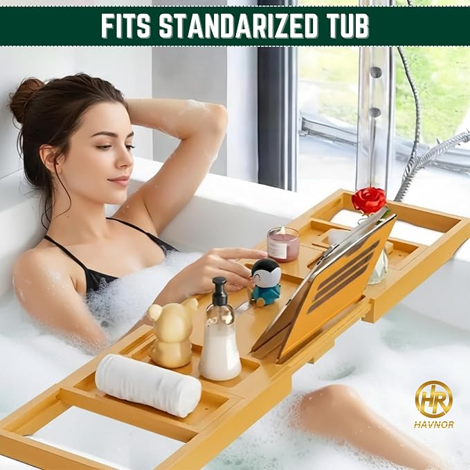 Bamboo Bathtub Caddy Tray Expandable & Foldable Bath Shelf - Image 4