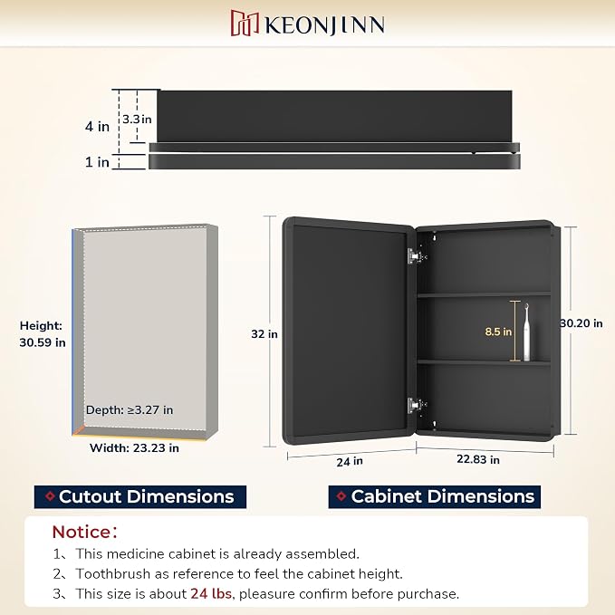 Keonjinn 24 x 32 Inch Brushed Nickel Mirrored Medicine Cabinet, Recessed - Image 2