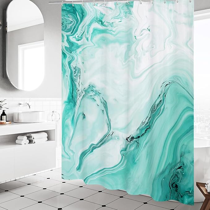 MitoVilla Teal Blue Marble Shower Curtain, Abstract Ombre Fabric Shower Curtains - Image 2