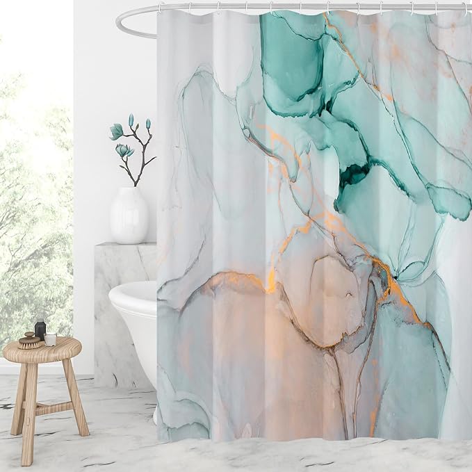 Gibelle Abstract Marble Shower Curtain, Teal Grey Fabric Shower Curtain by Gibelle