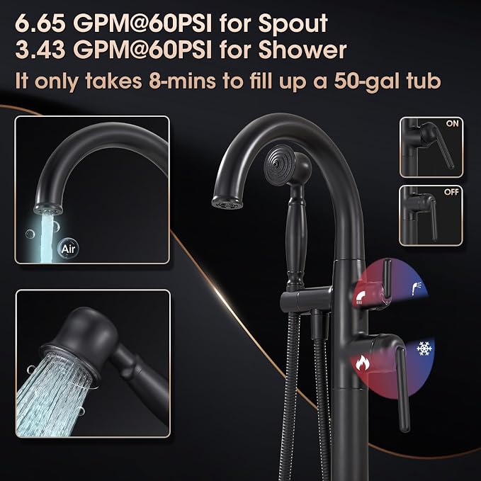 Freestanding Bathtub Faucet Matte Black Floor Mount Tub Faucets High Flow Max - Image 3