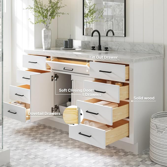 ARIEL 67" White Bathroom Vanity, 1.5" Edge Italian Carrara Marble Countertop & - Image 3