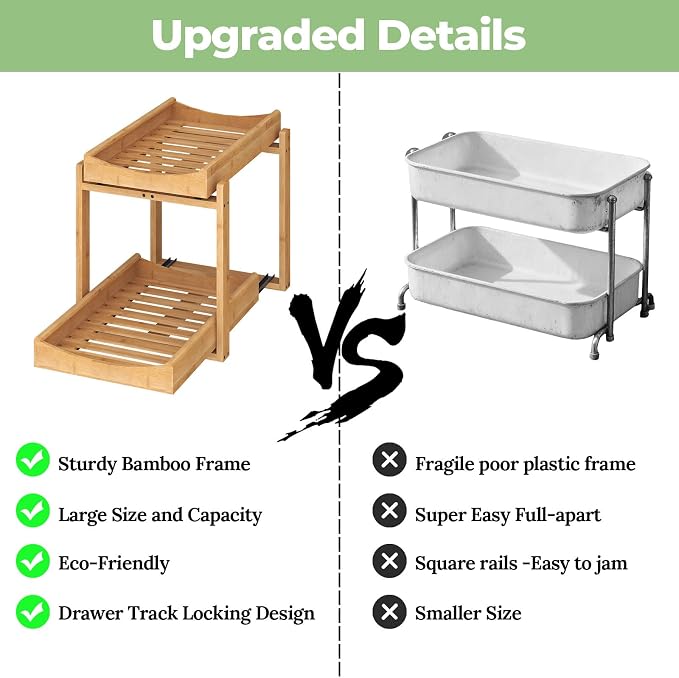 Bamboo Under Sink Organizer and Storage, 2 Pack Pull Out Cabinet Organization - Image 6