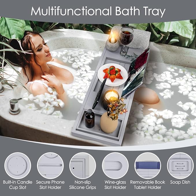 Foldable Bathtub Caddy Tray, Bamboo Bath Tub Tray Table - Image 2